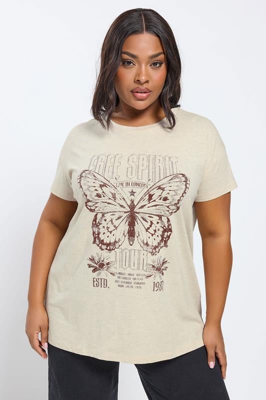 YOURS Plus Size Natural Brown 'Free Spirit' Embellished Graphic T-Shirt | Yours Clothing 1