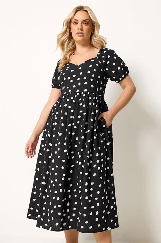 YOURS Plus Size Black Polka Dot Puff Sleeve Linen Dress | Yours Clothing 1