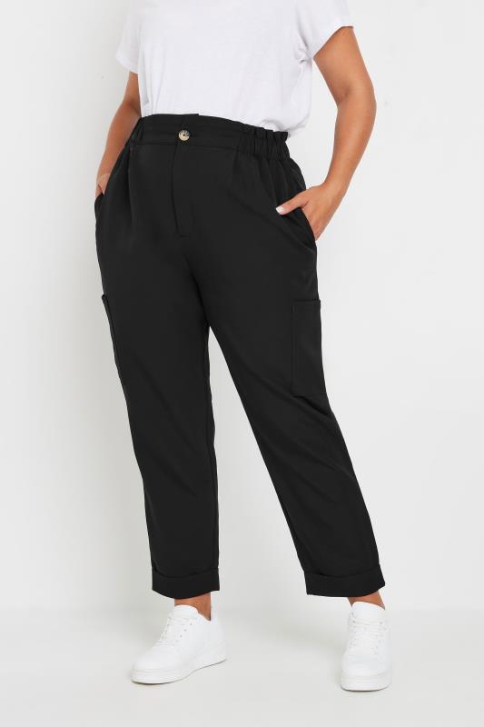 YOURS Plus Size Black Paperbag Waist Cargo Trousers | Yours Clothing  1