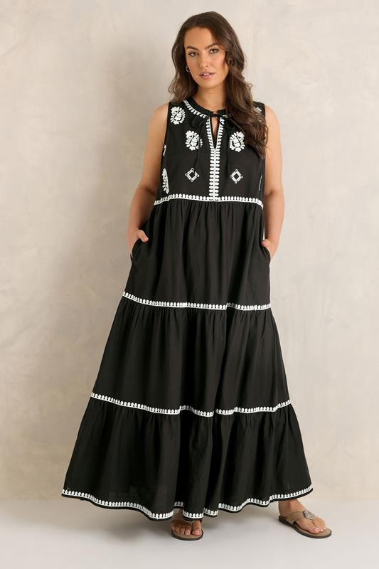  EVANS Curve Chocolate Brown Embroidered Cotton Maxi Dress