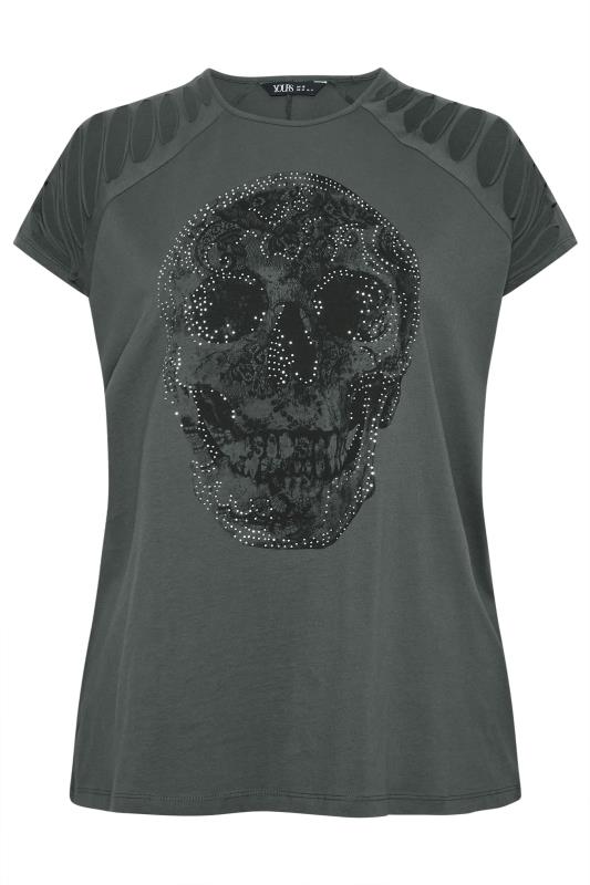 YOURS Plus Size Charcoal Grey Cut Out Skull Print T-Shirt | Yours Clothing  5