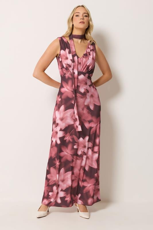 LTS Tall Pink Floral Scarf Detail Maxi Dress