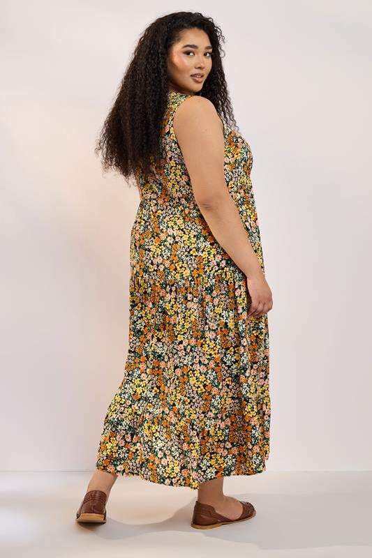 YOURS Plus Size Yellow Floral Print Tiered Midaxi Dress | Yours Clothing 3