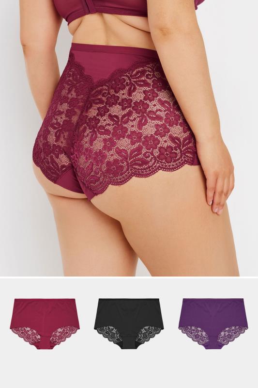 Plus Size  YOURS 3 PACK Curve Red & Purple Lace Back High Waisted Knickers