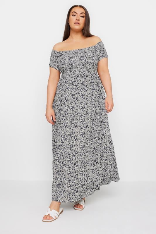 YOURS Plus Size Grey Floral Print Bardot Midaxi Dress | Yours Clothing 2