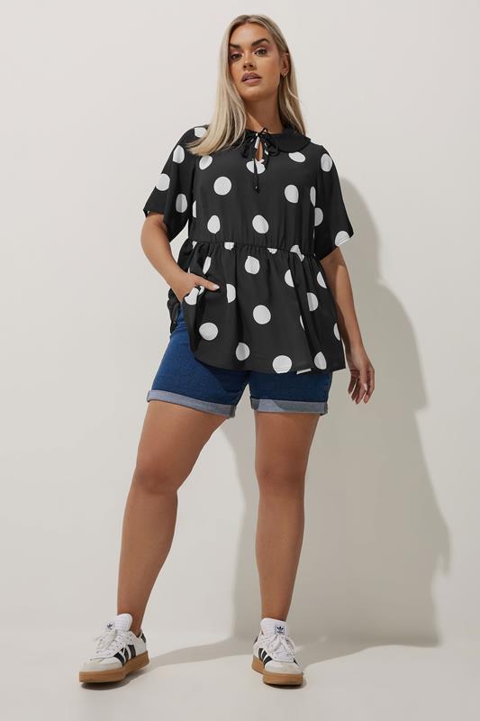 LIMITED COLLECTION Plus Size Black Polka Dot Tie Front Collared Top | Yours Clothing 2