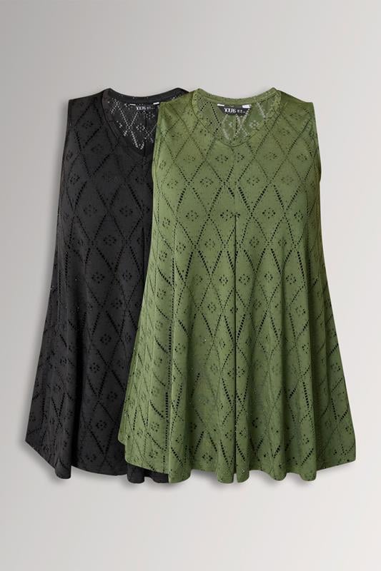 YOURSET 2 PACK Curve Black & Green Pointelle Vest Top