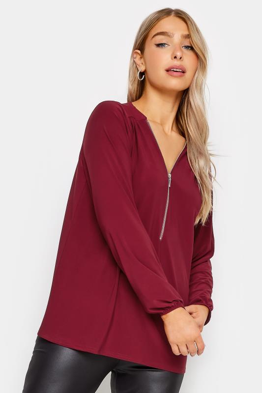 M&Co Burgundy Red Zip Front Bellow Sleeve Top | M&Co 1