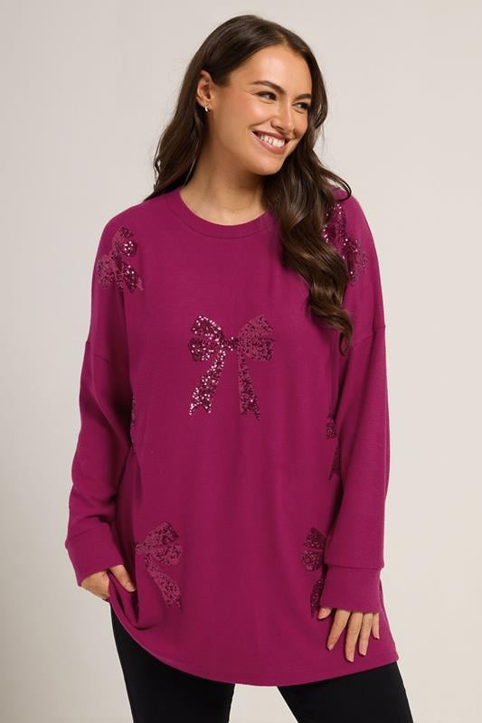 Plus Size  YOURS Curve Dark Pink Bow Sequin Jumper
