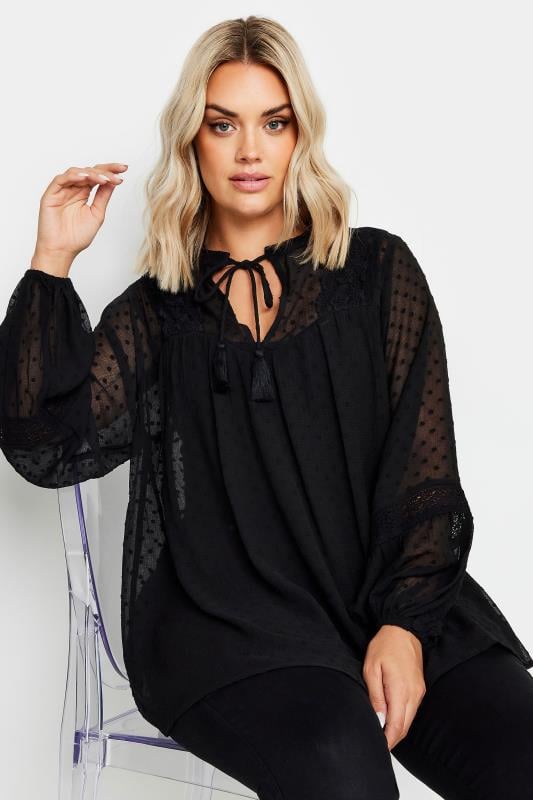 YOURS Plus Size Black Lace Detail Dobby Blouse | Yours Clothing  1