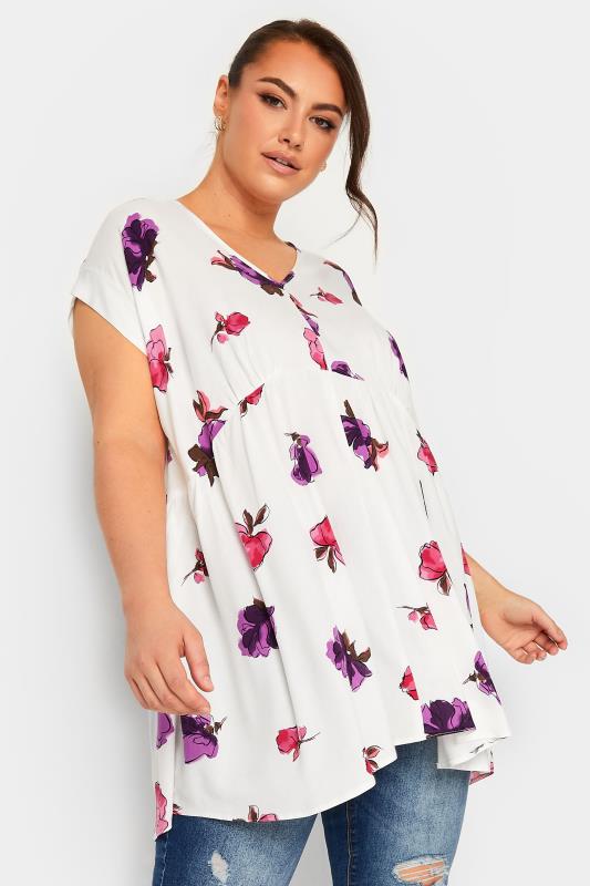 YOURS Plus Size White Floral Print Peplum Blouse | Yours Clothing 1