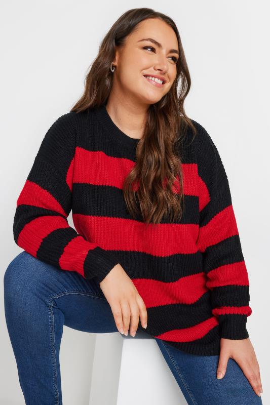 YOURS Plus Size Black & Red Stripe Knitted Jumper | Yours Clothing 2