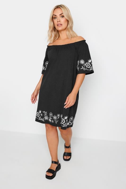 Plus Size  YOURS Curve Black Embroidered Bardot Midi Dress