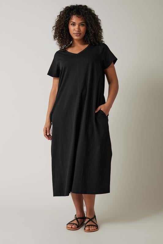 EVANS Plus Size Black Cotton Midi Dress | Evans 1