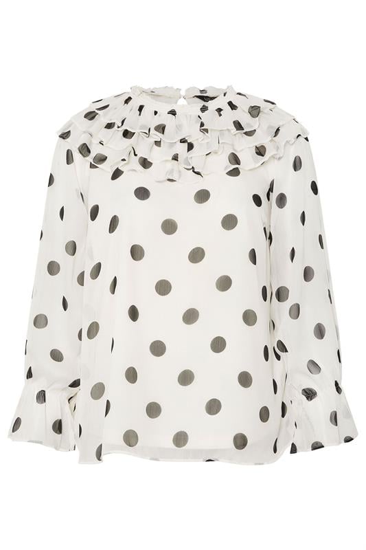 LIMITED COLLECTION Plus Size White Polka Dot Frill Neck Blouse | Yours Clothing 1