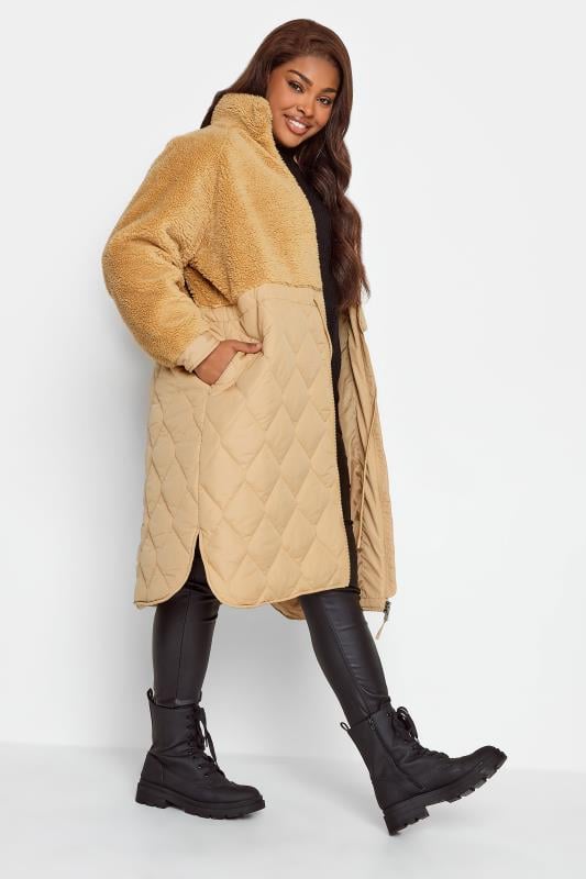 Plus Size  YOURS Curve Beige Brown Quilted Teddy Coat