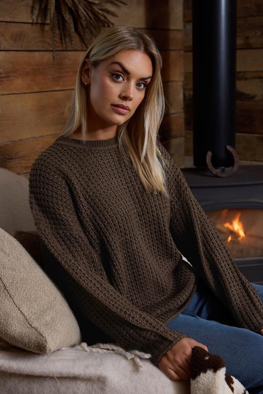YOURS Plus Size Chocolate Brown Waffle Knit Jumper | Yours Clothing 1