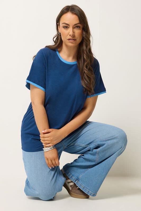  YOURS Curve Navy Blue Contrast Trim T-Shirt
