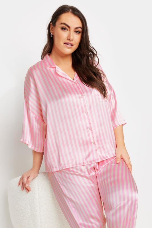 YOURS Plus Size Pink Stripe Satin Pyjama Set | Yours Clothing 5