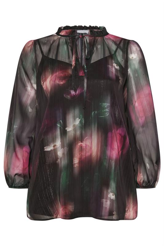 YOURS LONDON Plus Size Black Floral Print Metallic Stripe Chiffon Blouse | Yours Clothing  6