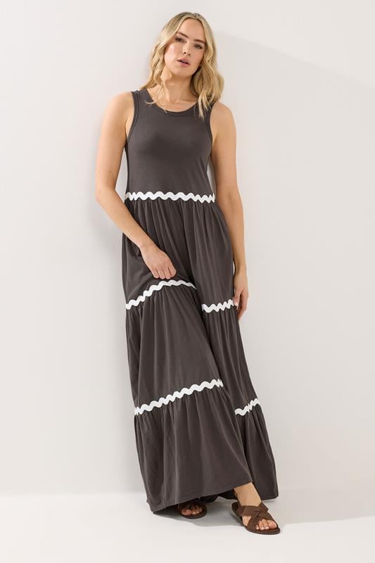  LTS Tall Chocolate Brown Contrast Swirl Tiered Cotton Maxi Dress