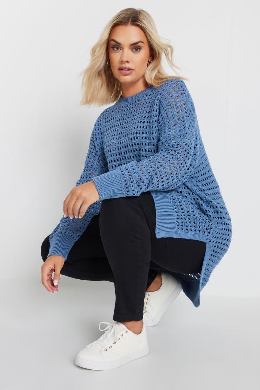 YOURS Plus Size Blue Side Split Crochet Jumper | Yours Clothing 1