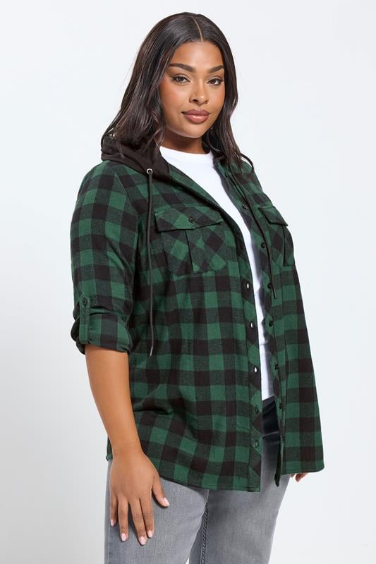 YOURS Curve Green Hooded Check Shirt