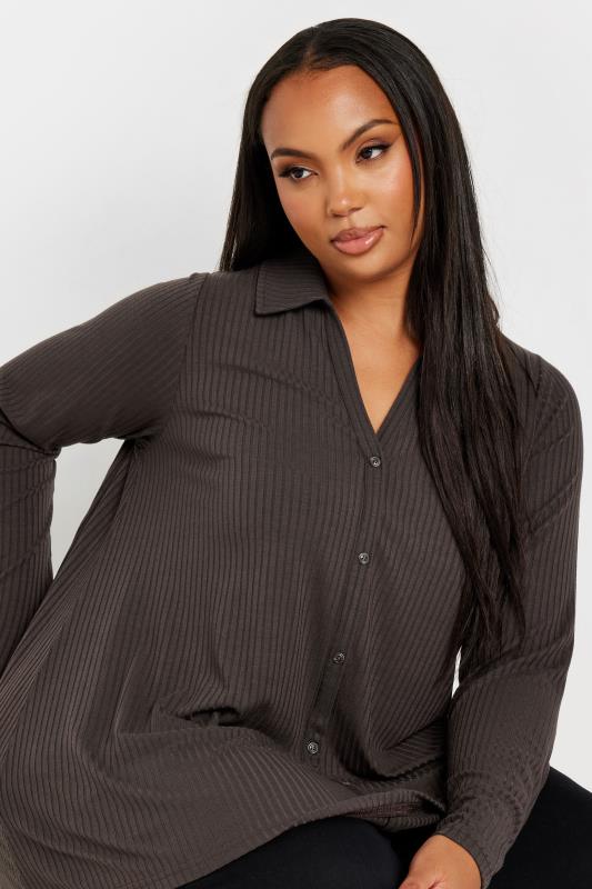 YOURS Plus Size Brown Ribbed Button Front Long Sleeve Collared Top | Yours Clothing 4