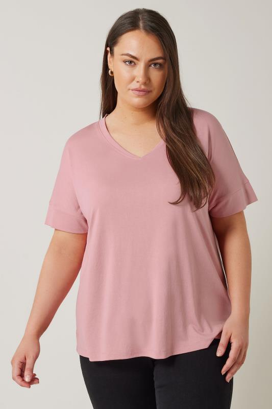 EVANS Plus Size Rose Pink V-Neck Modal Rich T-Shirt | Evans 1