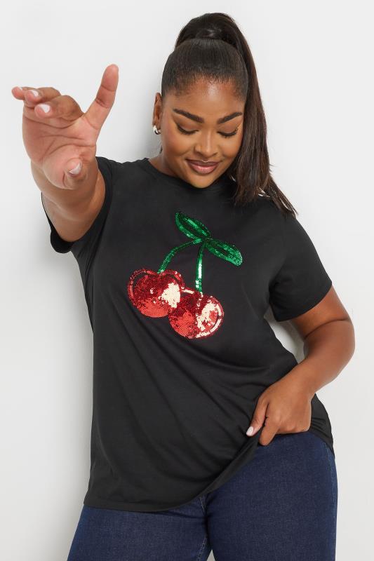 YOURS Plus Size Black Sequin Cherry T-Shirt | Yours Clothing 1