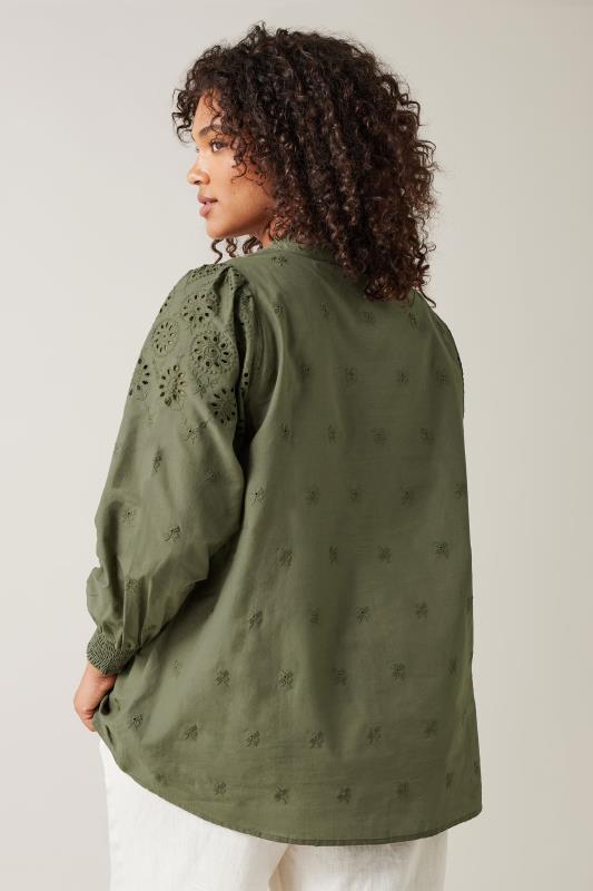 EVANS Plus Size Khaki Green Broderie Cotton Blouse | Evans 3