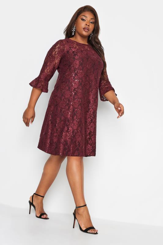 Plus Size  YOURS Curve Burgundy Red Lace Sequin Embellished Swing Dress