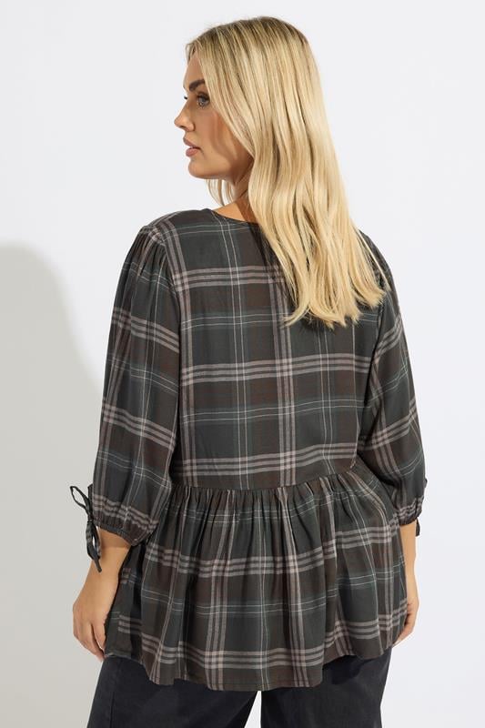 YOURS Plus Size Brown Check Tie Front Peplum Top | Yours Clothing 2