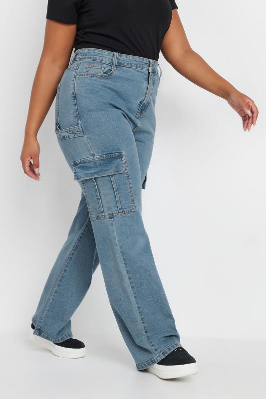 YOURS Plus Size Mid Blue Wide Leg Cargo Jeans | Yours Clothing  2