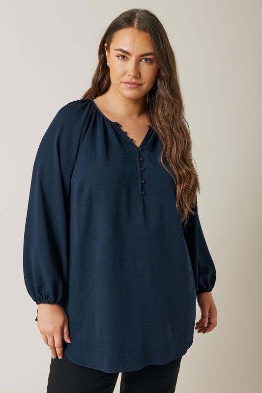 Plus Size  EVANS Curve Navy Blue Button Front Long Sleeve Blouse