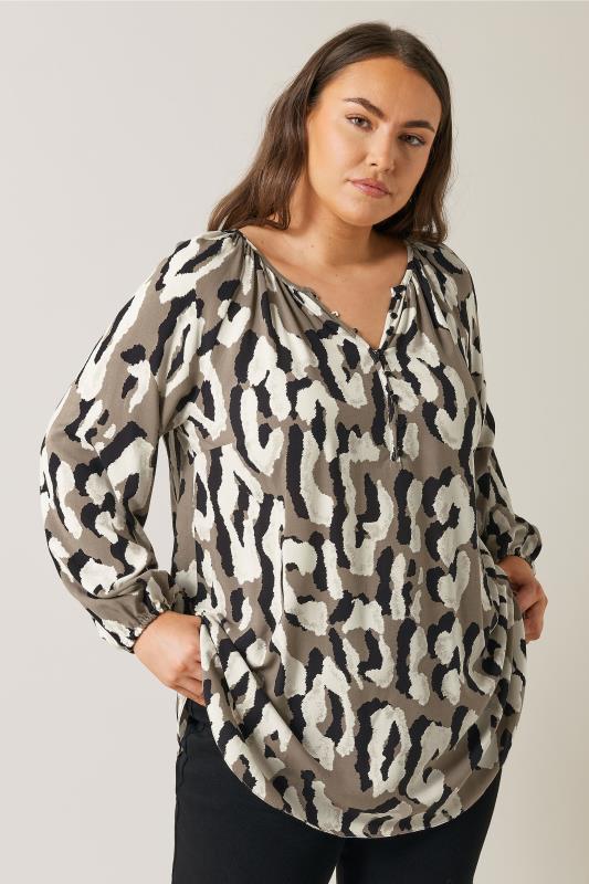 EVANS Plus Size Brown Animal Print Long Sleeve Blouse | Evans 2