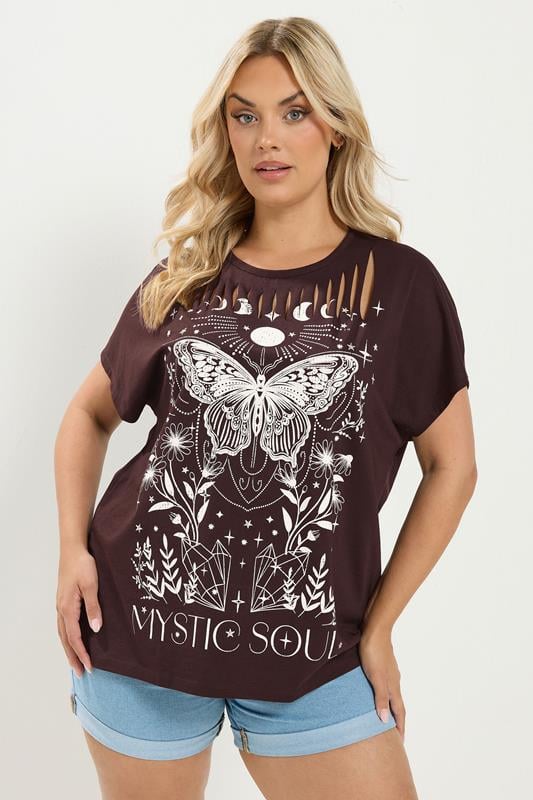 YOURS Plus Size Brown 'Mystic Soul' Laser Cut Slogan T-Shirt | Yours Clothing 1