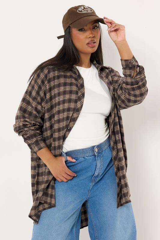 YOURS Curve Chocolate Brown Oversized Check Shirt