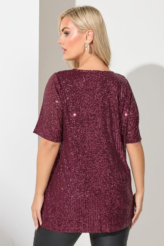 YOURS LONDON Plus Size Burgundy Red Sequin Swing Top | Yours Clothing 2