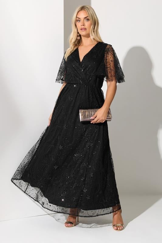 Plus Size  YOURS LONDON Curve Black Celestial Sequin Wrap Maxi Dress