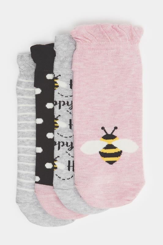 YOURSET 4 PACK Curve Grey & Pink Bee Print Ankle Socks
