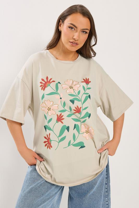 YOURS Plus Size Natural Brown Floral Graphic T-Shirt | Yours Clothing 1