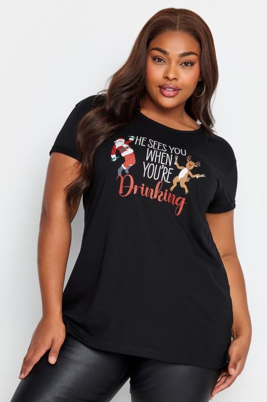 Plus Size  YOURS Curve Black 'He See's You When You're Drinking' Christmas T-Shirt