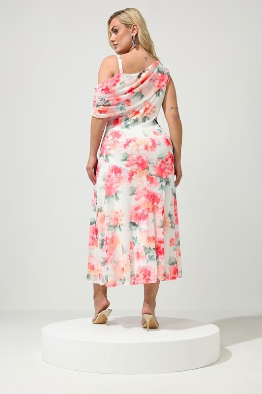 YOURS LONDON Plus Size White Floral Drape Shoulder Dress | Yours Clothing 2
