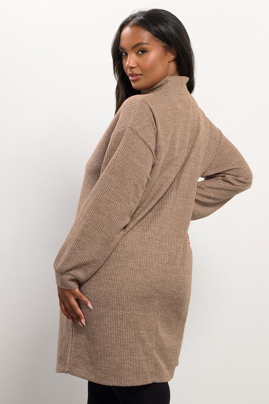 YOURS Plus Size Natural Brown Ribbed Quarter Zip Jumper Dress | Yours Clothing 2