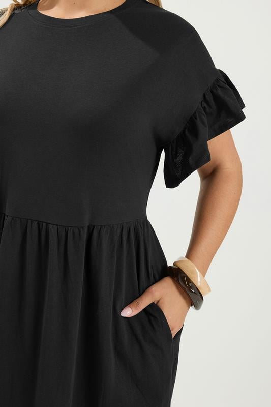 YOURS Plus Size Black Cotton Frill Sleeve Maxi Dress | Yours Clothing 4