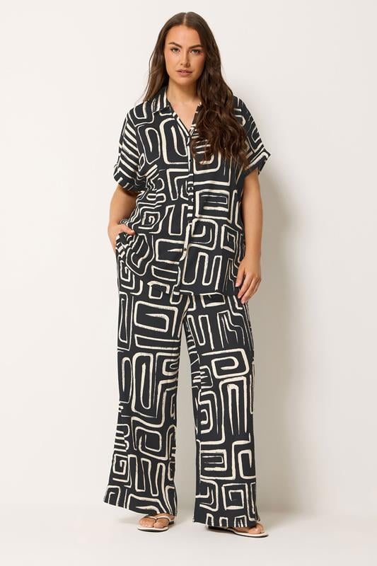  YOURS Curve Black Abstract Crinkle Wide Leg Trousers