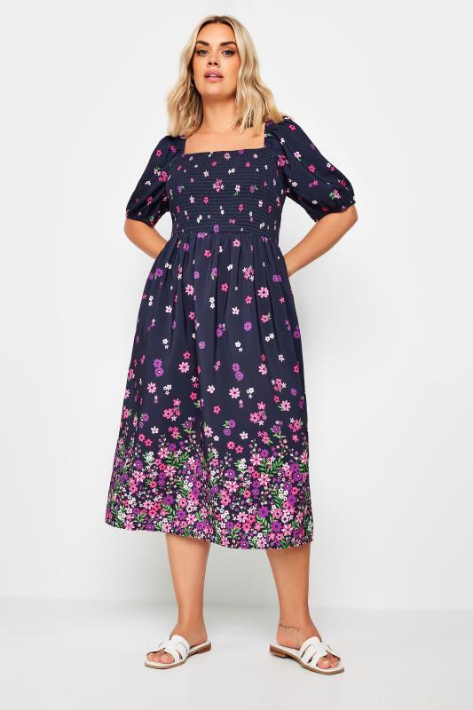 LIMITED COLLECTION Plus Size Navy Blue Floral Border Print Shirred Midi Dress | Yours Clothing 1