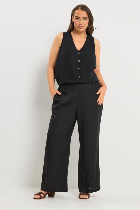 YOURS Plus Size Black Linen Wide Leg Trousers | Yours Clothing 1