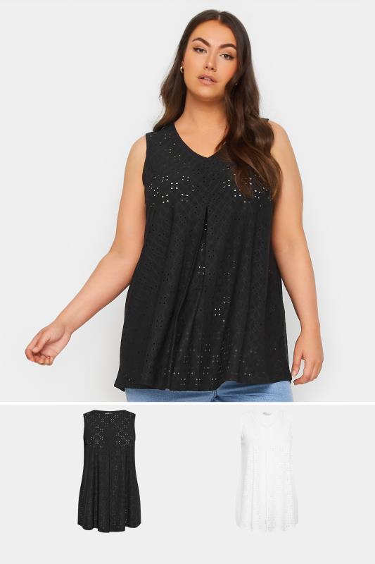 Plus Size  Yours 2 PACK Black & White Broderie Anglaise Swing Vest Tops